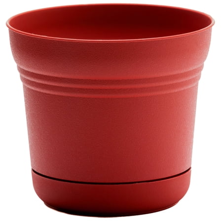 Bloem 14-in Saturn Round Resin Planter with Saucer - Burnt Red