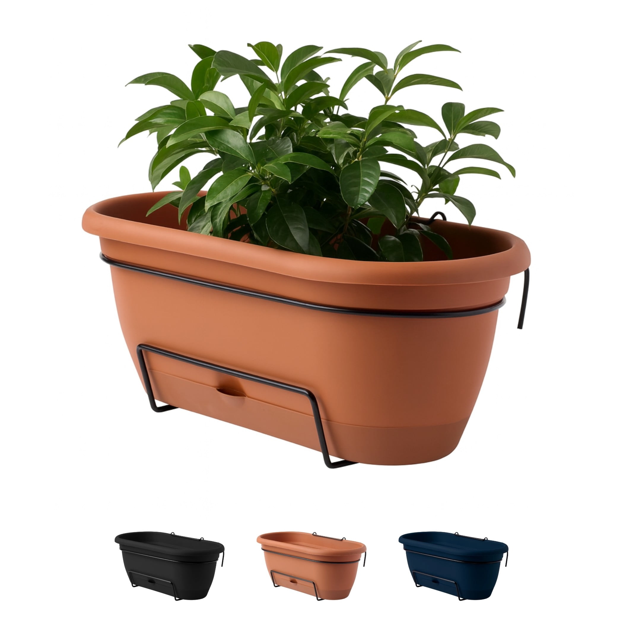 Bloem Lucca 18" Plastic Self-Watering Balcony Box Planter with Metal Hanger Mount for Railings, Terra Cotta