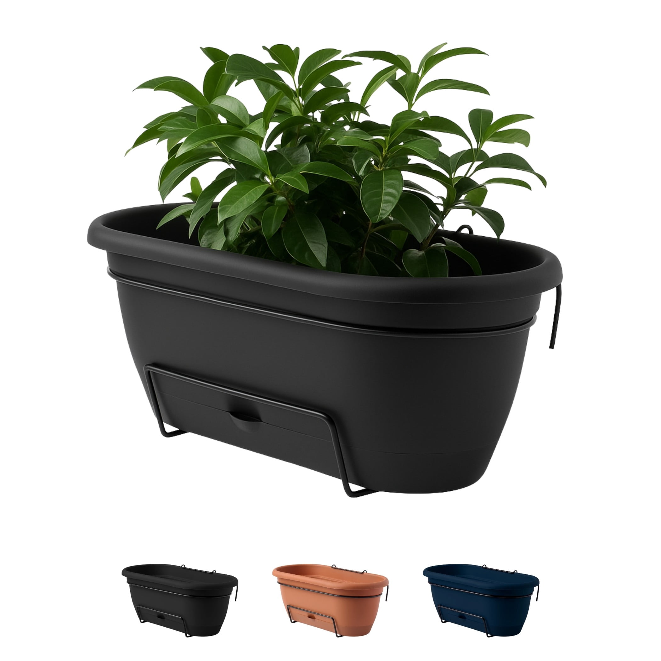 Bloem Lucca 18" Plastic Self-Watering Balcony Box Planter with Metal Hanger Mount for Railings, Black