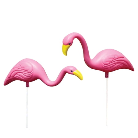 Bloem 2 Pack Mini Pink Flamingos - Small 10" x 5.5" Yard Decorations, Resin Lawn Ornament Stakes with Stainless Steel Legs