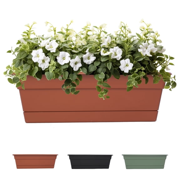 Bloem Dura Cotta 24" Plastic Window Box Planter with Saucer Tray: Indoor/Outdoor, for Windowsill, Ledge, & Tabletop, Terra Cotta