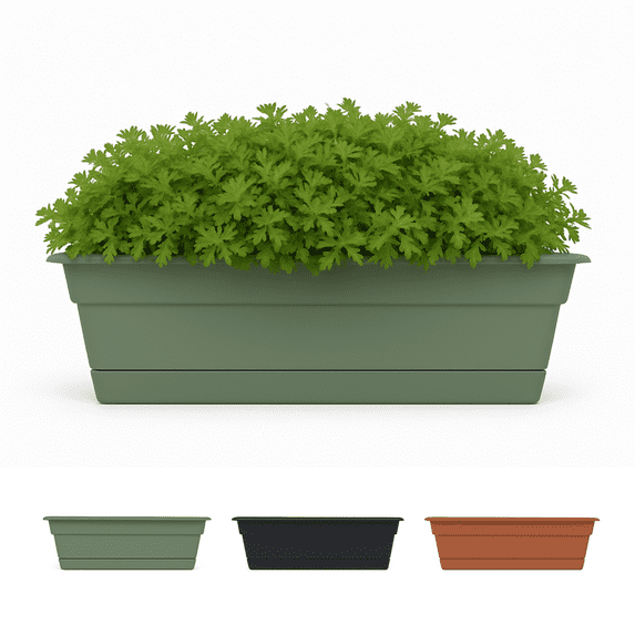 Bloem Dura Cotta 30" Plastic Window Box Planter with Saucer Tray: Indoor/Outdoor, for Window Sill, Ledge, & Tabletop, Basil