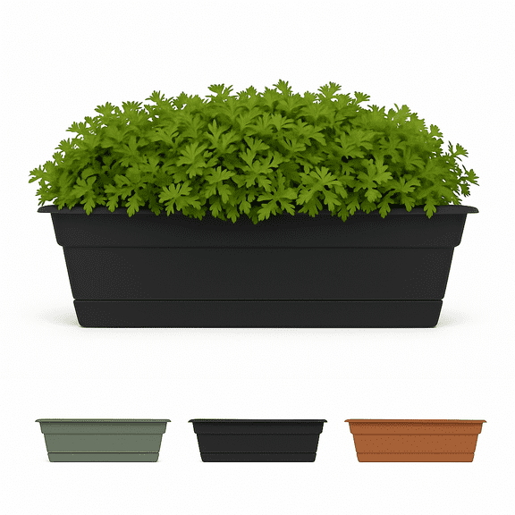 Bloem Dura Cotta 30" Plastic Window Box Planter with Saucer Tray: Indoor/Outdoor, for Window Sill, Ledge, & Tabletop, Black