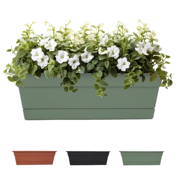 Bloem Dura Cotta 18" Plastic Window Box Planter with Saucer Tray: Indoor/Outdoor, for Windowsill, Ledge, & Tabletop, Basil