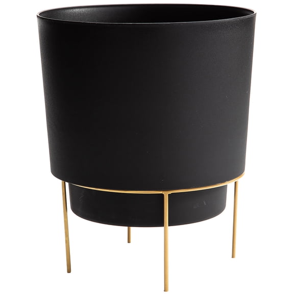 Bloem Hopson 6" Plastic Cachepot with Metal Stand - Decorative Indoor Planter with Gold Metal Stand, Black