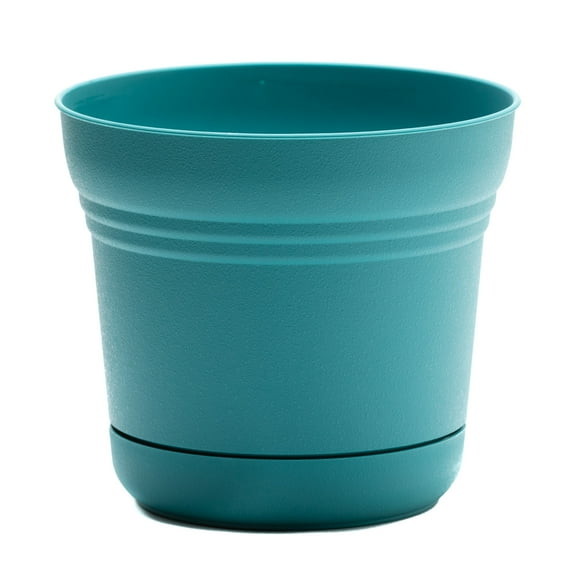 Bloem Saturn 5" Bermuda Teal Round Resin Planter Pot with Snap-in Saucer for Indoor and Outdoor Gardening
