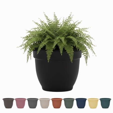 Bloem Ariana 8" Self-Watering Plastic Planter - Rolled Rim Indoor/Outdoor Garden Pot, Black