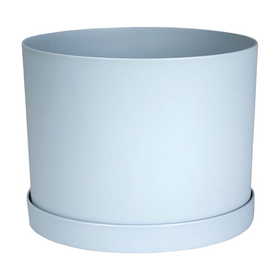 Bloem Mathers 8" Plastic Planter - Modern Indoor Pot with Drainage Hole and Saucer Tray, Misty Blue