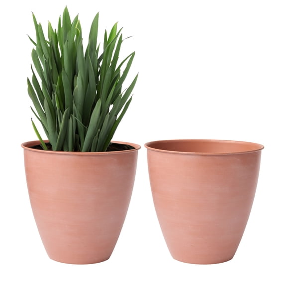 Bloem Arbor 8" Indoor Metal Cachepot - Decorative Planter with Powder-Coated Finish, Removable Drain Plug, Terra Cotta, 2-Pack