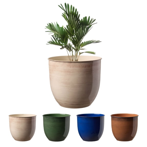 Bloem Canyon 12" Indoor Metal Cachepot - Glossy Decorative Planter with Powder-Coated Finish, Removable Drain Plug, Cream