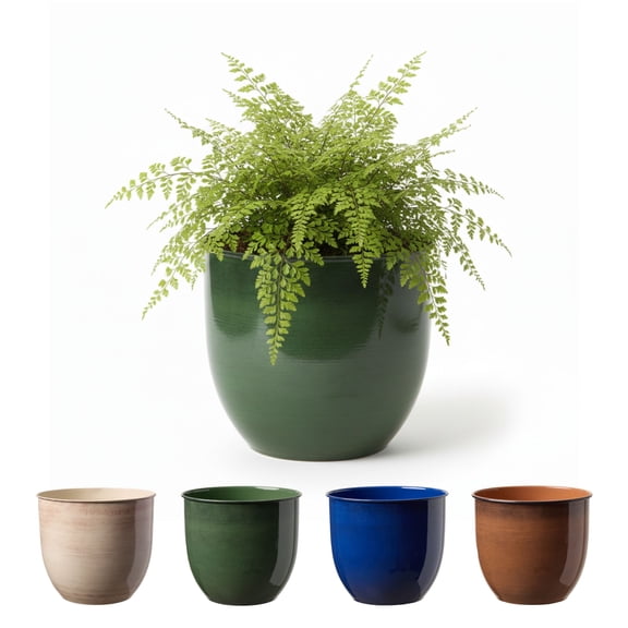 Bloem Canyon 8" Indoor Metal Cachepot - Glossy Decorative Planter with Powder-Coated Finish, Removable Drain Plug, Basil