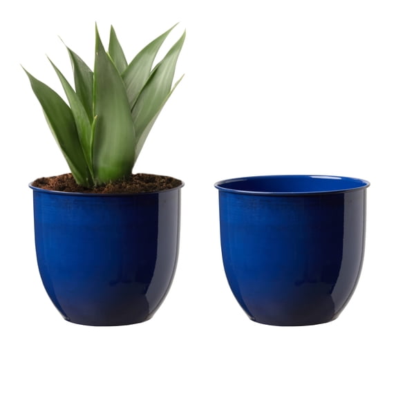Bloem Canyon 8"Indoor Metal Cachepot - Glossy Decorative Planter with Powder-Coated Finish, Removable Drain Plug, Cobalt, 2-Pack