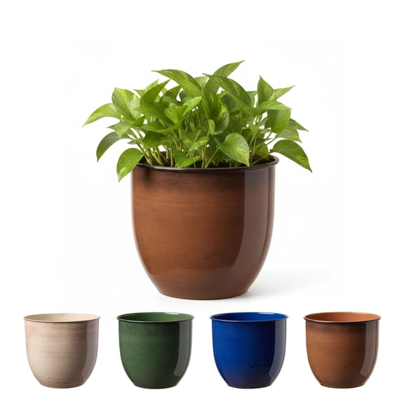 Bloem Canyon 8" Indoor Metal Cachepot - Glossy Decorative Planter with Powder-Coated Finish, Removable Drain Plug, Terra Cotta