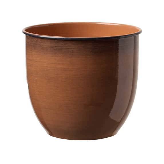 Bloem Canyon 8" Indoor Metal Cachepot - Glossy Decorative Planter with Powder-Coated Finish, Removable Drain Plug, Terra Cotta