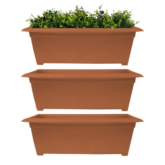 Bloem Dayton 27" Wide Plastic Planter Box - 100% Recycled Plastic Outdoor Rectangular Pot for Deck, Patio & Porch, Terra Cotta, 3-Pack
