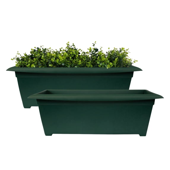 Bloem Dayton 27" Wide Plastic Planter Box - 100% Recycled Plastic Outdoor Rectangular Pot for Deck, Patio & Porch, Turtle Green, 2-Pack