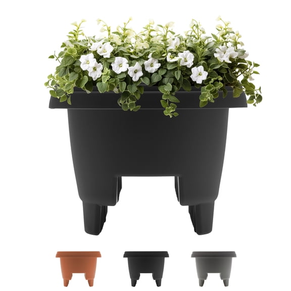 Bloem 12" Plastic Deck Rail Round Planter, 9" H, 12" L, 12" W, Fits Rail Sizes between 3.25" - 3.75" Wide, Black