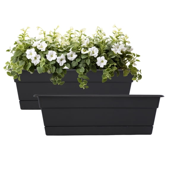 Bloem Dura Cotta 18" Plastic Window Box Planter with Saucer Tray: Indoor/Outdoor, for Window Sill, Ledge, & Tabletop, Black, 2-Pack