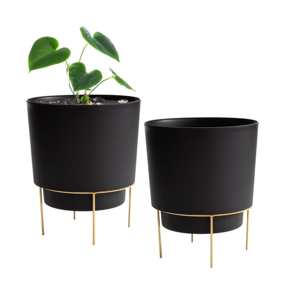 Bloem Hopson 6" Plastic Cachepot with Metal Stand - Decorative Indoor Planter with Gold Metal Stand, Black 2-Pack