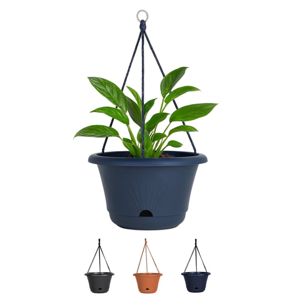 Bloem Lucca 13" Plastic Self-Watering Hanging Basket Garden Planter Pot with Macrame Hanger, Navy