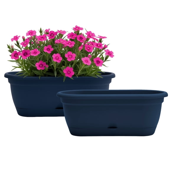 Bloem Lucca 18" Plastic Self-Watering Window Box Planter, Indoor/Outdoor Pot for Window Sill, Ledge & Tabletop, Navy, 2-Pack