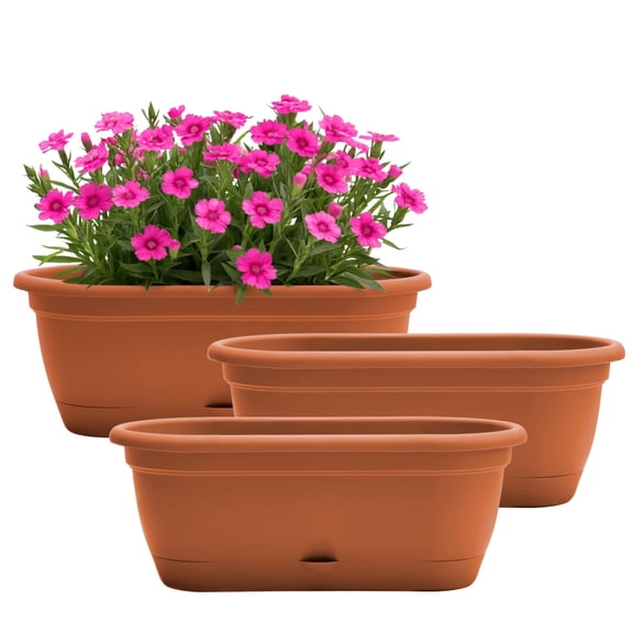 Bloem Lucca 18" Plastic Self-Watering Window Box Planter, Indoor/Outdoor Pot for Window Sill, Ledge & Tabletop, Terra Cotta, 3-Pack