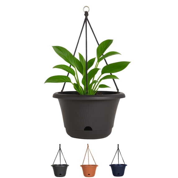 Bloem Lucca 13" Round Black Plastic Resin Self Watering Hanging Basket Garden Planter Pot with Macrame Hanger and Ring