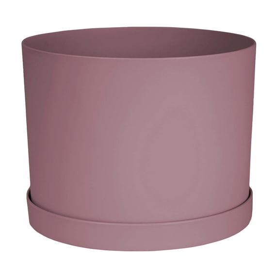Bloem Mathers 8" Plastic Planter - Modern Indoor Pot with Drainage Hole and Saucer Tray, Dusty Rose