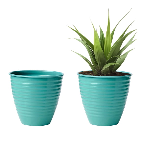 Bloem Nova 10" Indoor Metal Cachepot - Decorative Planter with Powder-Coated Finish, Sealed Base, Bermuda Teal, 2-Pack