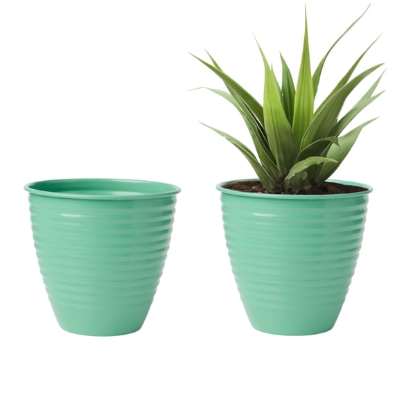 Bloem Nova 8" Indoor Metal Cachepot - Decorative Planter with Powder-Coated Finish, Sealed Base, Mint Green, 2-Pack