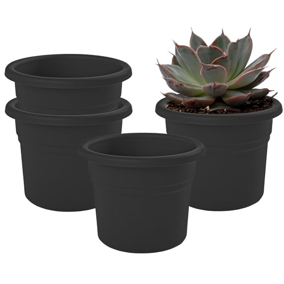 Bloem Posy 10" Round Plastic Planter, UV-Resistant Indoor/Outdoor Pot, Black, 4-Pack