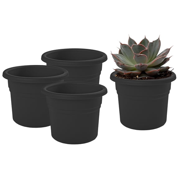 Bloem Posy 6" Round Plastic Planter, UV-Resistant Indoor/Outdoor Pot, Black 4-Pack