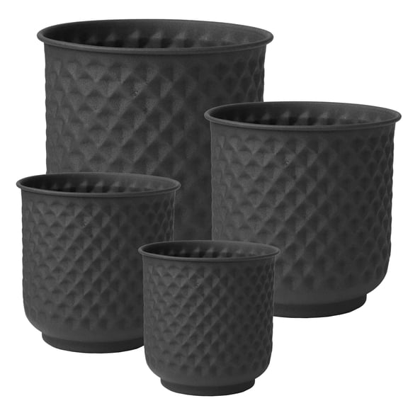 Bloem Prism Indoor Metal Cachepot Set - Includes 6", 8", 10" and 12" Decorative Planters with Powder-Coated Finish, Removable Drain Plugs, Black
