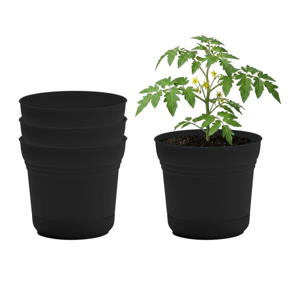 Bloem Saturn 10" Round Plastic Planter - Indoor/Outdoor, Snap-in Saucer & Drainage Holes, Black, 4-Pack