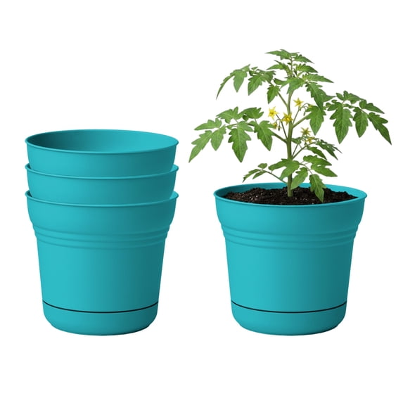 Bloem Saturn 5" Round Plastic Planter - Indoor/Outdoor, Snap-in Saucer & Drainage Holes, Bermuda Teal, 4-Pack