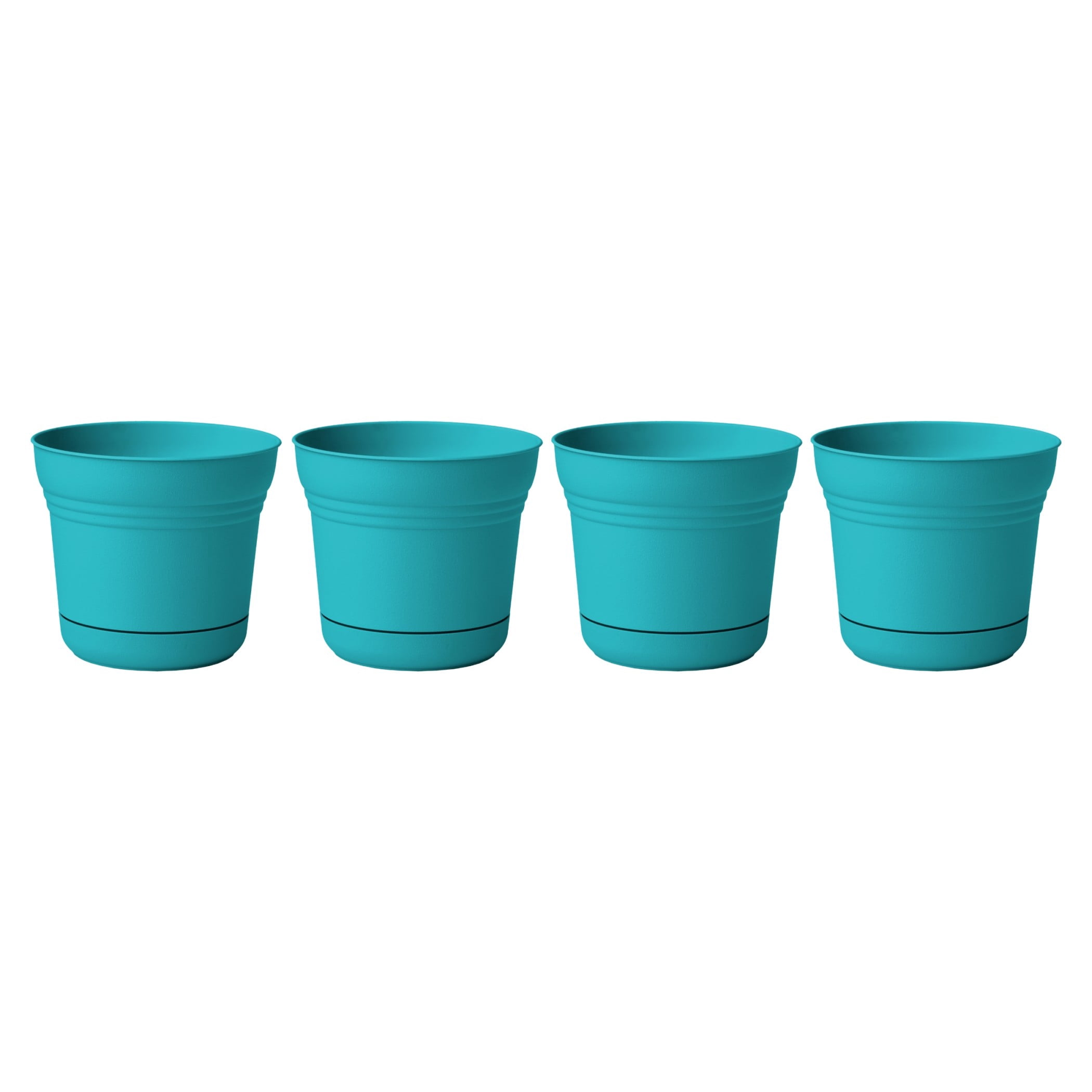 Bloem Saturn 7" Round Plastic Planter - Indoor/Outdoor, Snap-in Saucer & Drainage Holes, Bermuda Teal, 4-Pack