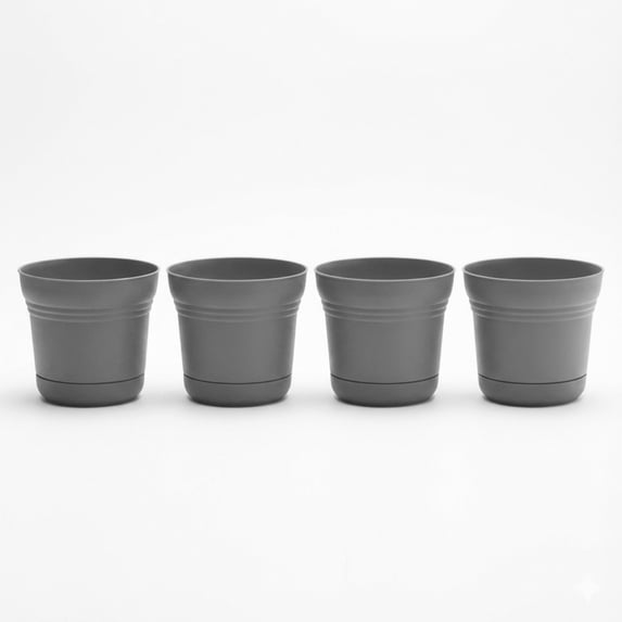 Bloem Saturn 7" Round Plastic Planter - Indoor/Outdoor, Snap-in Saucer & Drainage Holes, Charcoal, 4-Pack