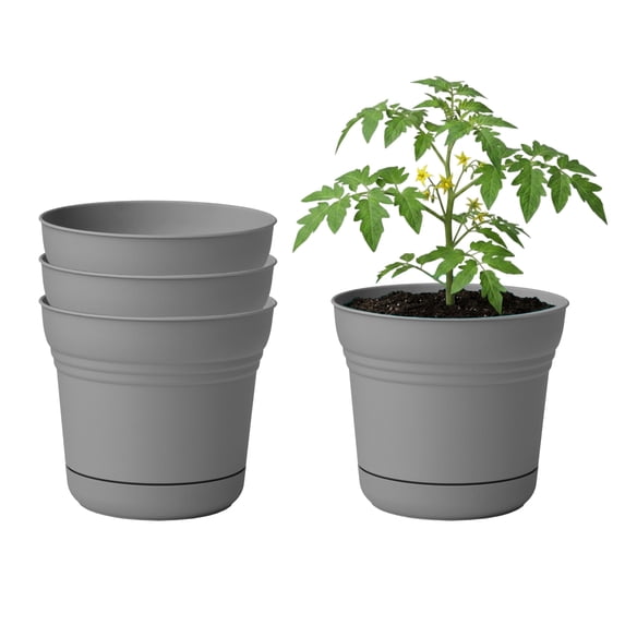 Bloem Saturn 7" Round Plastic Planter - Indoor/Outdoor, Snap-in Saucer & Drainage Holes, Charcoal, 4-Pack