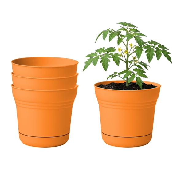 Bloem Saturn 7" Round Plastic Planter - Indoor/Outdoor, Snap-in Saucer & Drainage Holes, Mango, 4-Pack