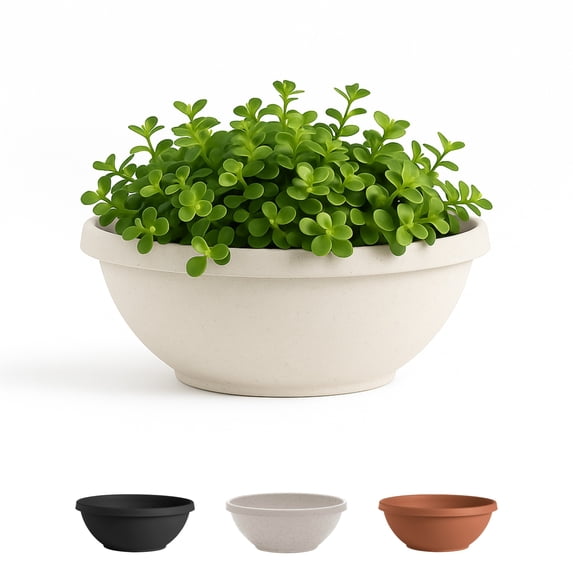 Bloem Terra 14" Diameter Round Vanilla Bean Resin Planter Bowl with Knock-Out Drainage Holes for Indoor and Outdoor Gardening