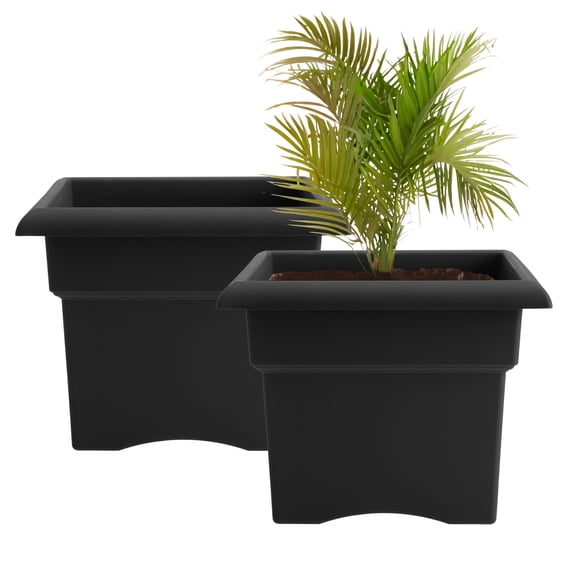 Bloem Veranda 14" Plastic Square Planter Box - UV-Resistant, Indoor/Outdoor, Black, 2-Pack
