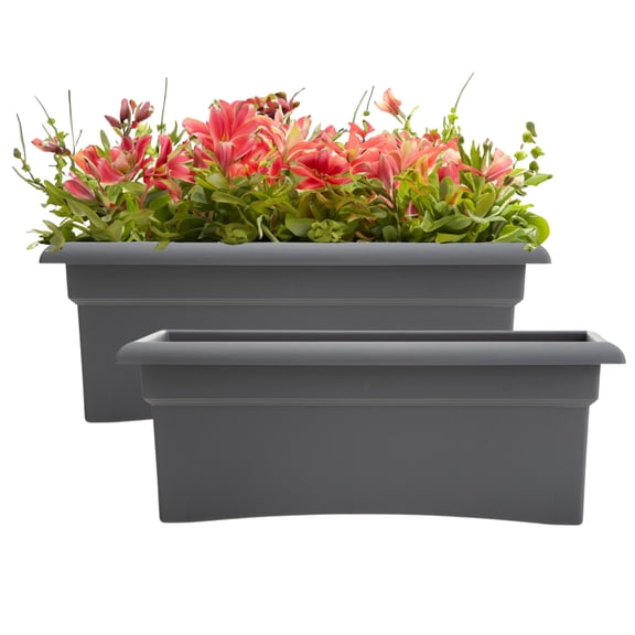 Bloem Veranda 26" Plastic Rectangular Deck Box Planter - UV-Resistant, Indoor/Outdoor, Charcoal, 2-Pack