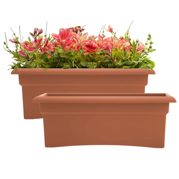 Bloem Veranda 26" Plastic Rectangular Deck Box Planter - UV-Resistant, Indoor/Outdoor, Terra Cotta, 2-Pack