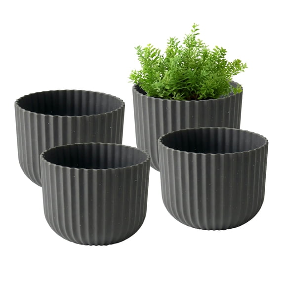 Bloem Wren 6" Plastic Fluted Round Planter, Granite, 4-Pack