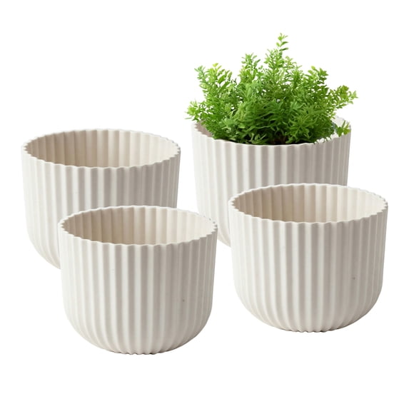 Bloem Wren 6" Plastic Fluted Round Planter, Vanilla Bean, 4-Pack