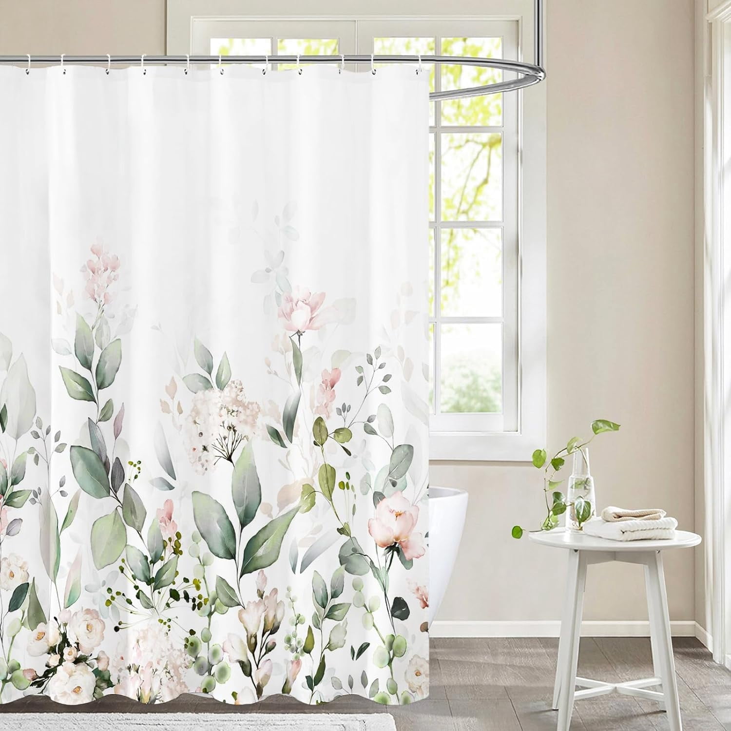 Blomming Bright Blush Pink White Floral Shower Curtain, Watercolor Green Leaves Plant Bathroom Decoration Shower Curtain Sets 71x71 Inch with Hooks