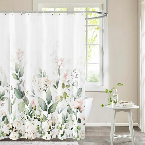 Blomming Bright Blush Pink White Floral Shower Curtain, Watercolor Green Leaves Plant Bathroom Decoration Shower Curtain Sets 71x71 Inch with Hooks