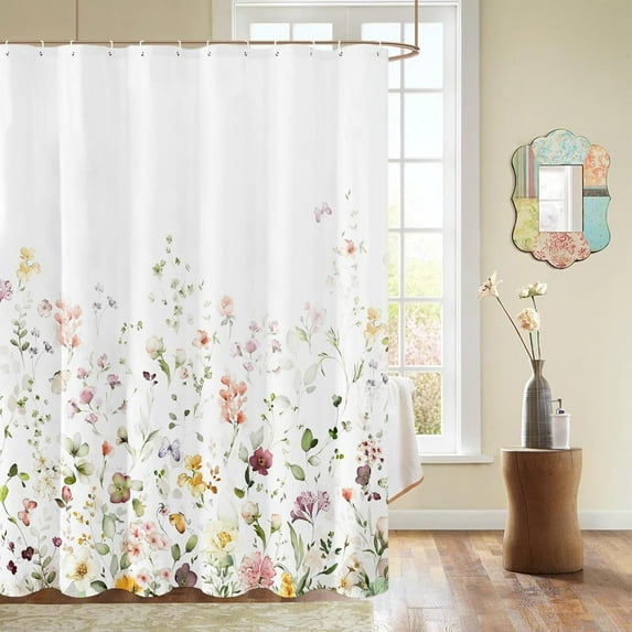 Blomming Bright Colorful Pink White Floral Shower Curtain, Watercolor Green Leaves with Butterflies Plant Bathroom Decoration Shower Curtain Sets 71x71 Inch with Hooks