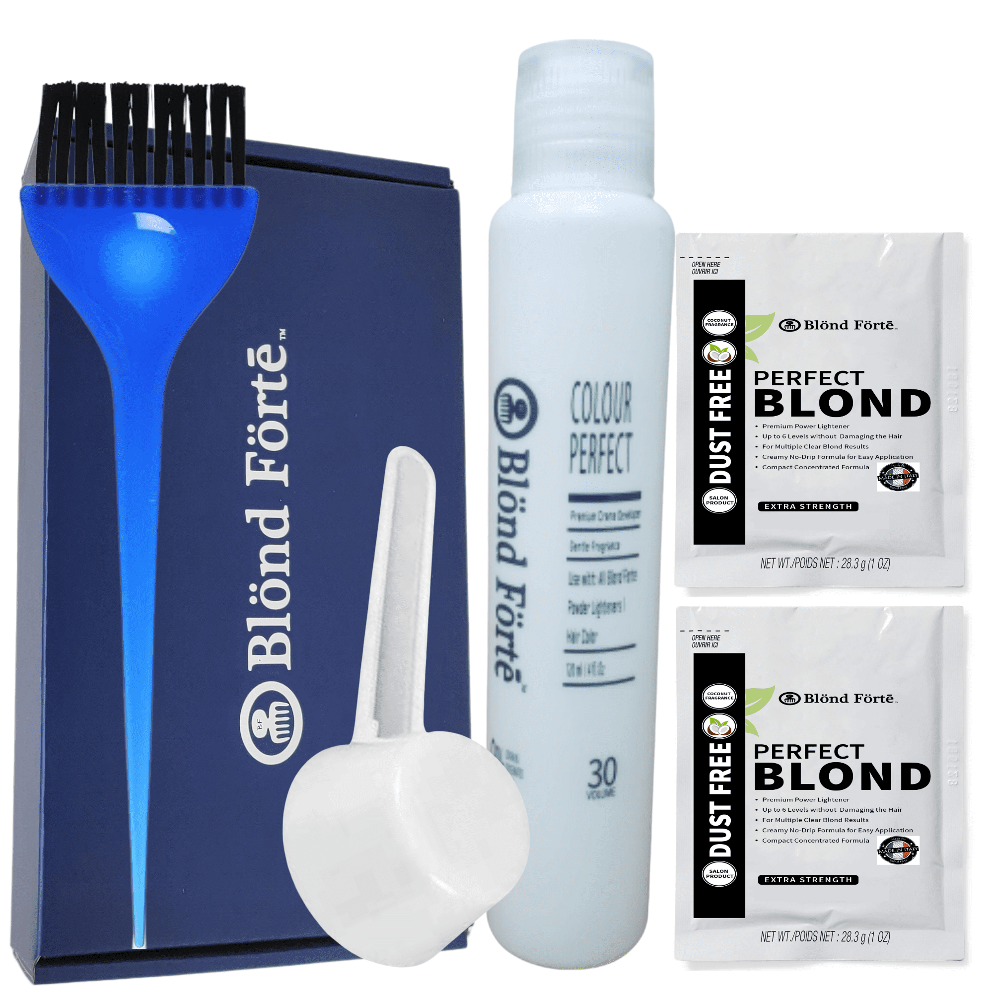 Blond Forte Perfect Blond DIY Premium Hair Bleach Lightening Kit 9% 30 Volume Developer + Bonus (Glove & Brush) Blue lightening Powder