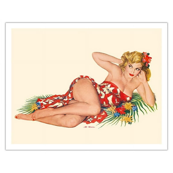 Blond Pin Up in a Sarong - August 1951 - Vintage Pin Up Girl Print by Al Moore c.1951 - Fine Art Matte Paper Print (Unframed) 11x14in